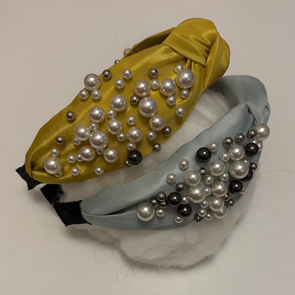 Anthropologie Sky Blue and Mustard Pearl Cluster Headbands- set of 2